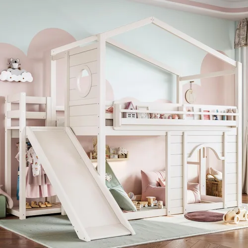 Vista 3 de Harper & Bright Designs Cama tipo loft para niños, tamaño individual, con armario y puerta arqueada, litera de casa con tobogán y estanterías