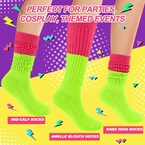 Vista 2 de Calcetines holgados de neón para mujer, calcetines altos hasta la rodilla de los años 80 y 90 con aretes de neón y coleteros para fiesta de los años