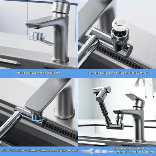 Vista 8 de Extensor de grifo giratorio de 1440°, extensor de aireador de grifo de fregadero, filtro extensible giratorio, con 2 modos de protección contra