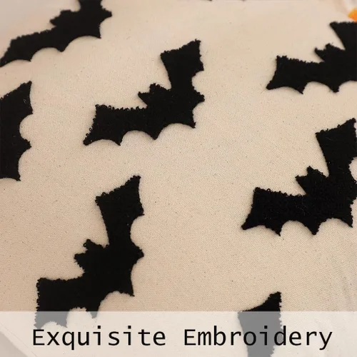 Vista 2 de Juego de 2 fundas de almohada de Halloween de 16 x 16 pulgadas con bordado de murciélagos 3D negros, fundas de almohada de Acción de Gracias, fundas