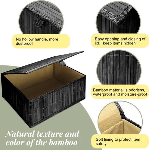 Vista 5 de Cesta de mimbre con tapa, caja de almacenamiento de bambú para estantes, cajas de almacenamiento de bambú con tapas, cesta decorativa rectangular