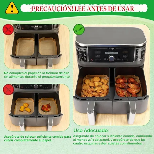 Vista 6 de BYKITCHEN 300 piezas de revestimientos para freidora de aire para Ninja Dual Airfryer, papel pergamino desechable rectangular para freidora de aire