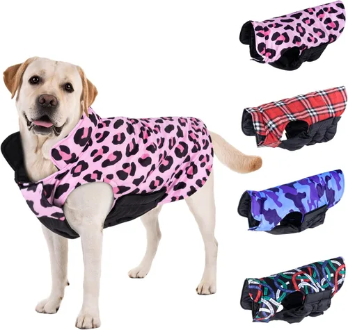 Vista 6 de CuteBone Abrigo de invierno para perro, chaleco reversible impermeable y resistente al viento, chaqueta gruesa ajustable para clima frío con agujero