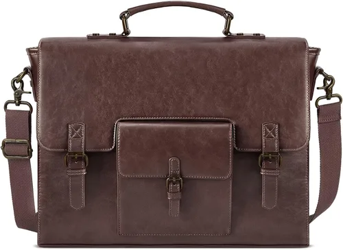 Vista 9 de Bolsa de mensajero de cuero para hombres y mujeres, 15.6 pulgadas, impermeable, de cuero vintage, maletín para laptop, bolso de hombro grande, bolsa