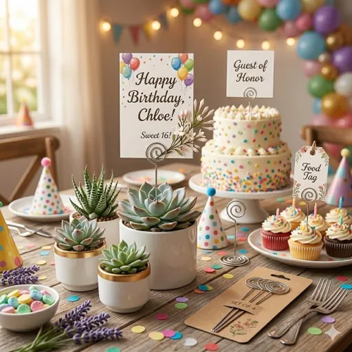 Vista 8 de HOHIYA Paquete de 50 tarjeteros florales de 5 pulgadas, clip de fotos de alambre inoxidable para bodas, tarjetas de mesa, números, notas, pasteles