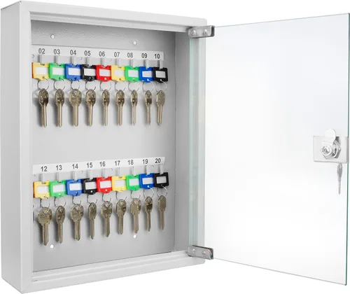 Vista 9 de Barska Caja con cerradura de llave con puerta de cristal, organizador de gabinete de llaves de acero para montaje en pared con ganchos etiquetados