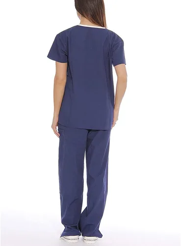 Vista 6 de Conjunto de uniforme médico para mujer, elástico en 4 direcciones, bolsillos ligeros, cuello en V, conjunto de uniforme médico con cordón elástico