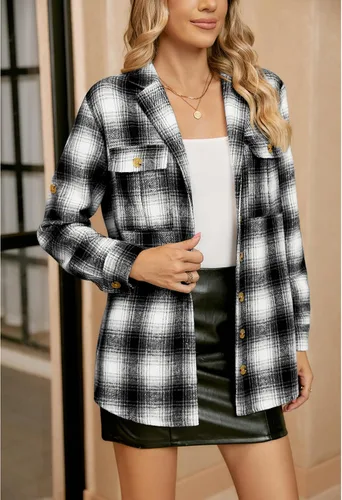 Vista 2 de GRAPENT Chaqueta de franela a cuadros para mujer, con botones, chaqueta de manga larga