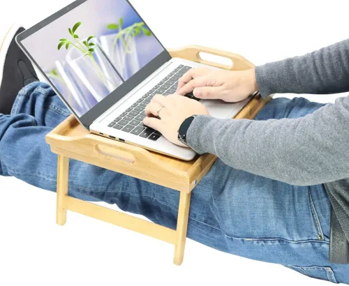Vista 6 de KKTONER Bandeja de mesa de cama de bambú con patas plegables, bandeja de desayuno para cama con patas plegables para comer y portátil, bandejas