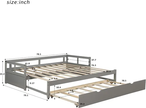 Vista 2 de Sofá cama tamaño individual, sofá cama individual con nido, sofá cama de madera extensible, sofá cama para dormitorio/sala de estar, gris