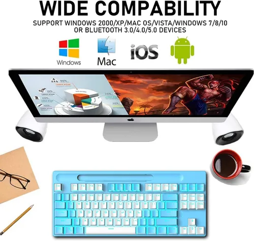 Vista 7 de Teclado mecánico Bluetooth para juegos con retroiluminación múltiple de 87 teclas, antirfantasma, ergonómico, con cableinalámbrico, receptor USB