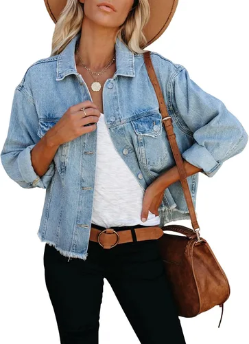 Vista 10 de Chaqueta de mezclilla para mujer, desgastada, con botones, con bolsillos.