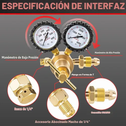 Vista 2 de Regulador de Nitrógeno CGA580 de Entrada, Conexión de Salida Abocinada Macho de 1/4 Pulgada, Mango de Servicio Pesado, Válvula de Alivio