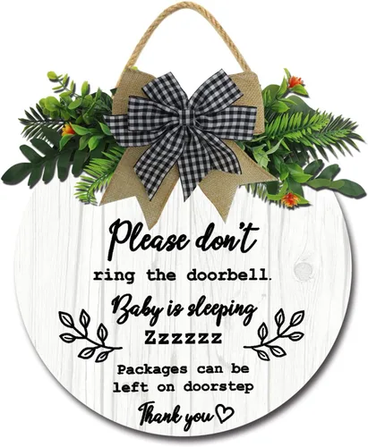 Vista 4 de Letrero de sueño de bebé para puerta delantera, de 11 pulgadas, con texto en inglés «Please Don't Ring The Doorbell Baby Is Sleeping Packages Can Be