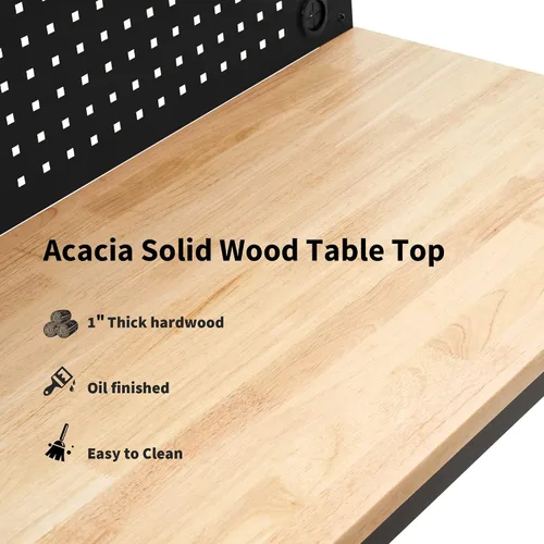 Vista 4 de MCombo Banco de trabajo ajustable con mesa de madera maciza para garaje, mesa de trabajo de acero con 2 tableros de clavijas Bench48 (negro)
