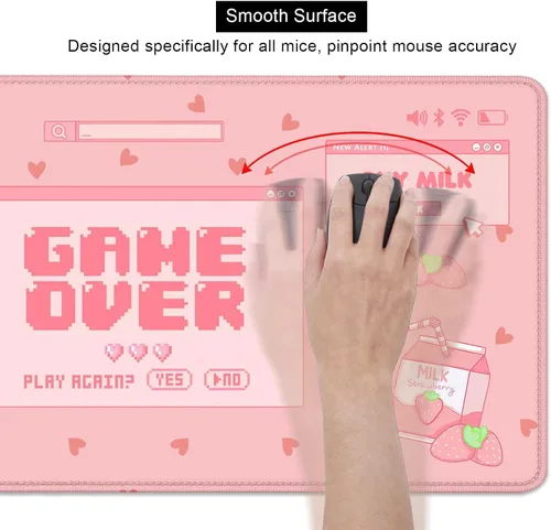 Vista 6 de Tapete de escritorio con leche de fresa, Kawaii rosa pastel, tapete de escritorio para juegos para juegos, lindas alfombrillas grandes para mouse