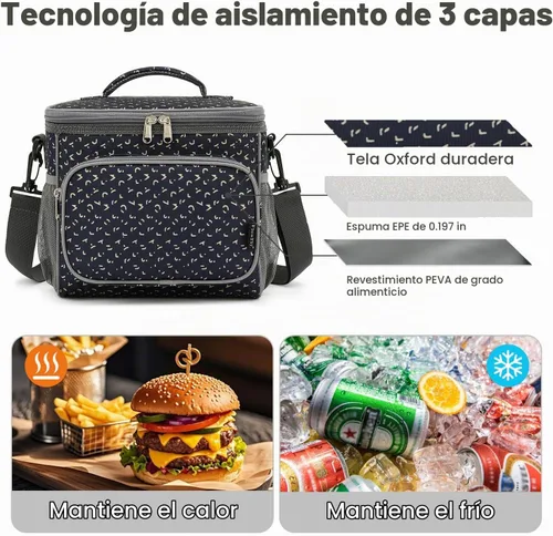 Vista 5 de FlowFly - Lonchera reutilizable con aislante para adultos, grande, para mujeres y hombres, con correa ajustable para el hombro, bolsillo frontal