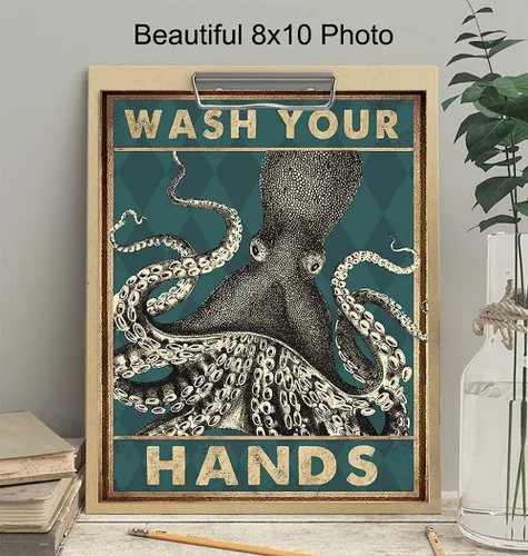 Vista 4 de Arte y decoración náutica de pulpo para pared de baño, divertida decoración de baño de playa, obra de arte de pared de baño, bonito póster
