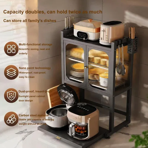 Vista 3 de Kitchen Countertop Microwave Stove Rack,Oven Rack,Carbon Steel Dish Cabinet With Drainage Plate, Suitable For Multifunctional Tableware Storage In