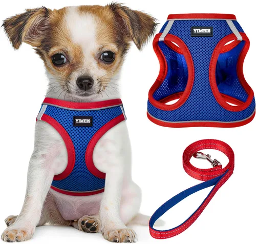 Vista 8 de YIMEIS Juego de arnés y correa para perro, arnés de malla suave sin tirones, chaleco reflectante ajustable para cachorros para perros pequeños