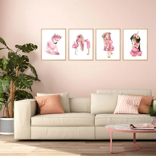 Vista 8 de Lienzo decorativo para pared de niña flamenco, cuadro rosa acuarela princesa floral decoración de animales para baby shower, baño, cuarto de bebé
