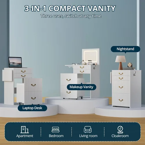 Vista 2 de FURSUN Tocador 3 en 1 con espejo abatible y luces, mesa de tocador compacta acanalada con 3 cajones, compartimento de almacenamiento y taburete