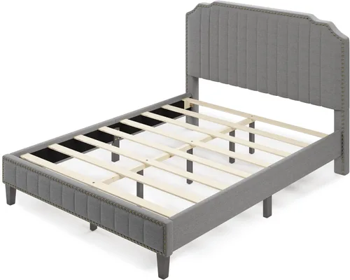 Vista 4 de Base de cama tapizada Queen con cabecero, base de colchón con soporte de listones de madera, cama de plataforma moderna, no necesita somier, fácil
