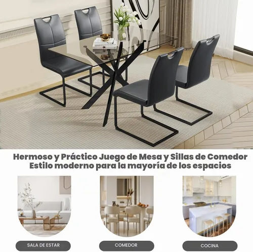Vista 8 de Juego de mesa de comedor de vidrio de 51 pulgadas para 4 personas con tapa de vidrio templado, color negro Patas de metal negro, sillas de cuero