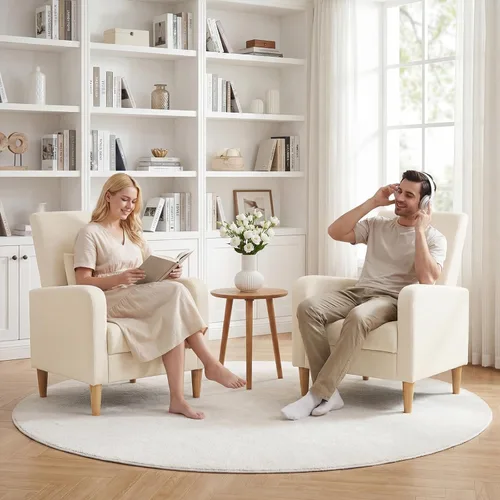 Vista 3 de COLAMY Silla decorativa moderna Mid-Century tapizada de tela con almohada trasera y patas de madera maciza, cómodo sillón para sala de estar Beige