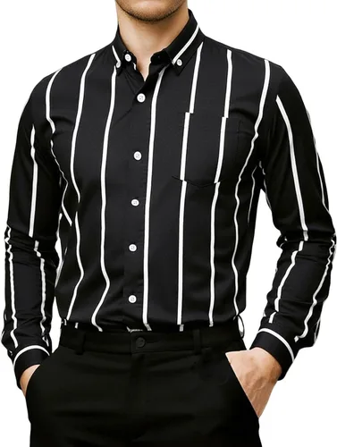 Vista 10 de Camisa a rayas para hombre, manga larga con estampado retro de discoteca de los años 70, ajuste regular, parte superior con bolsillo
