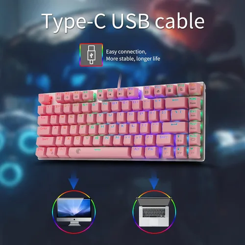 Vista 4 de HUO JI Z-88 Teclado mecánico para juegos, retroiluminación LED, 81 teclas, teclado compacto USB con cable, interruptores marrones, rosa