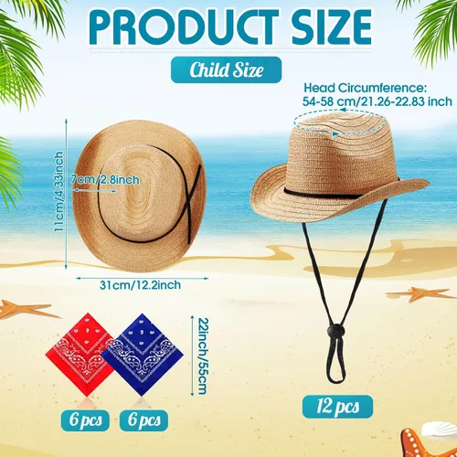 Vista 3 de SATINIOR Juego de 12 sombreros de vaquero de paja para niños con bandanas, disfraz de vaquero para fiesta occidental (caqui), Caqui