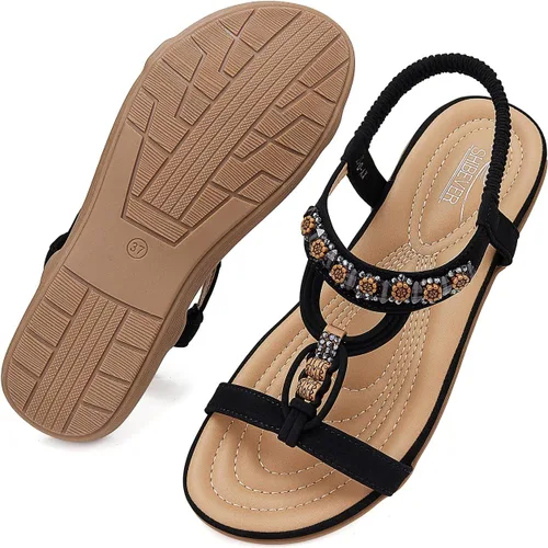 Vista 2 de SHIBEVER Sandalias de verano para mujer, sandalias planas bohemias con correa elástica, sandalias elegantes