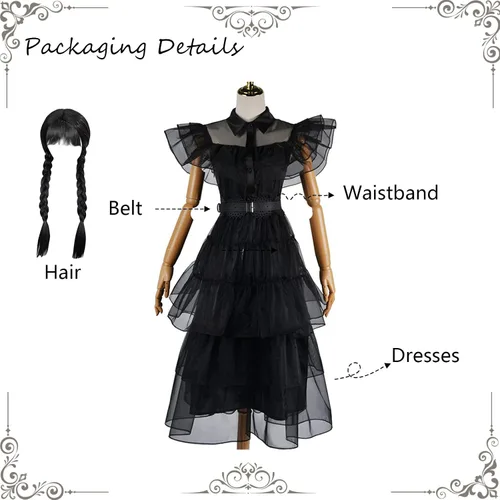 Vista 3 de CFNRHEOU Wednesday Addams Dress for Kids Girls,Family Party Dress Up Cosplay Outfit Gothic Dress Halloween Costumes with Hair