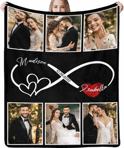 Vista 14 de Manta de fotos personalizada, manta de pareja de boda, con texto en inglés «He Asked And She Said Yes», 4 fotos, manta de boda, regalo romántico