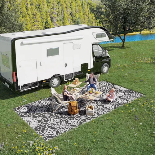Vista 42 de Outsunny Alfombra de exterior para patio impermeable 9' x 18' rombo negro y Borde rombo negro y gris