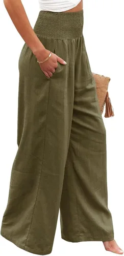 Vista 5 de Pantalones de lino de primavera para mujer, pantalones casuales palazzo, cintura alta, bohemios, piernas anchas, holgados, con bolsillo