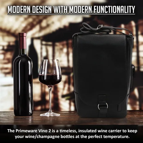 Vista 3 de Primeware Vino2 - Bolsa de mensajero de cuero con dos botellas (negro)