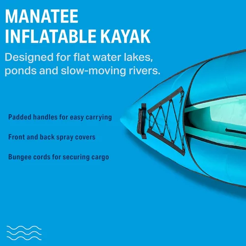 Vista 2 de Paquete de kayak inflable de 9 pies (Explorer) - Asiento inflable ajustable con respaldo, paleta ajustable, funda de transporte, bomba y kit