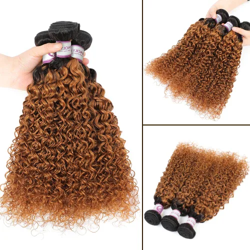 Vista 3 de Extensiones de cabello rizado brasileño ombré, 3 paquetes de extensiones de cabello humano 1B/30, paquetes de cabello humano rizado degradado