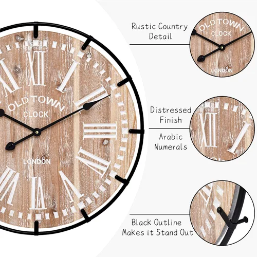 Vista 4 de Reloj de pared grande de granja, reloj de pared de madera rústica de 24 pulgadas decorativo con círculo de metal y números grabados, funciona