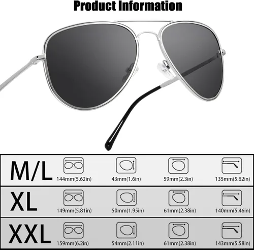 Vista 2 de MAXJULI Gafas de sol polarizadas estilo aviador para cabezas grandes para hombres y mujeres 8123 Plateado/Gris (silver frame/grey lens)