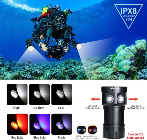 Vista 2 de B15 Luz de Buceo Subacuática 8000 Lúmenes Luces de Vídeo Subacuáticas 80m Luz de Buceo para Deportes Bajo el Agua, Filmación Submarina y Fotografía
