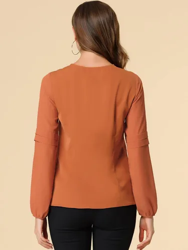 Vista 5 de Allegra K Blusa elegante con cuello en ojo de cerradura semitransparente para mujer Coffee