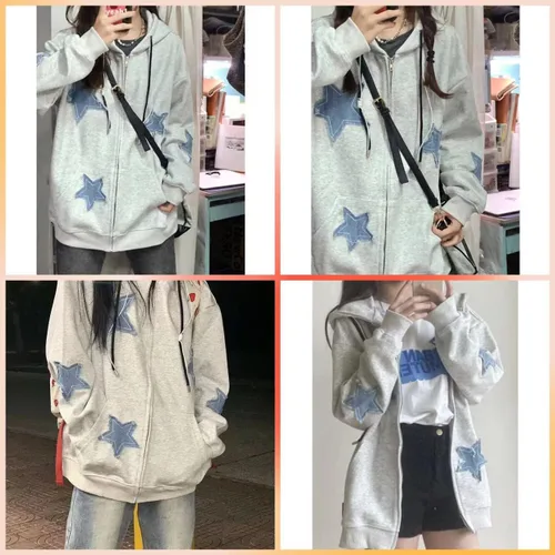 Vista 5 de Sudadera con capucha Y2K Harajuku coreana suelta con parche de estrella y cadena para mujer