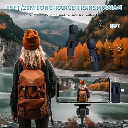 Vista 2 de AMOOX Micrófono Lavalier inalámbrico para cámara de iPhone, transmisión en vivo, vlogging, micrófono omnidireccional inalámbrico, micrófono