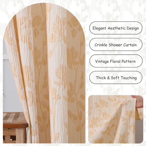 Vista 7 de OVZME Cortina de ducha dorada con flores de 72 pulgadas de largo, cortina de baño de textura arrugada y gruesa de calidad hotelera, decoración
