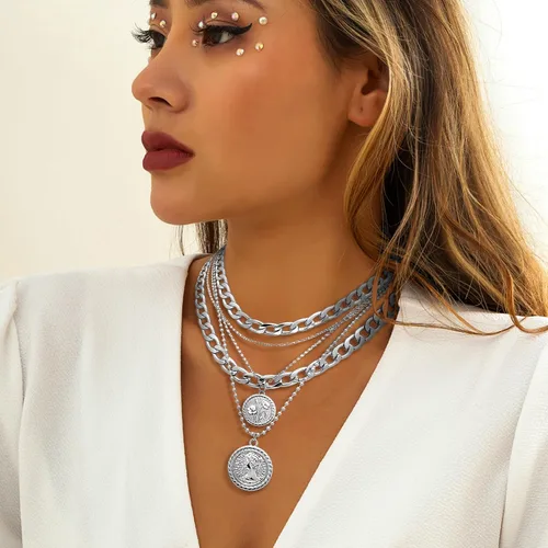 Vista 7 de MJartoria Collares de oro en capas para mujer, collar retro de moda con dije de moneda, collar de oro, cadena de eslabones gruesos, gargantilla
