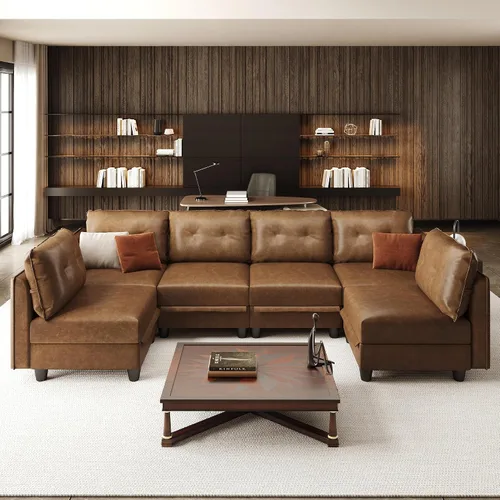 Vista 14 de LLappuil Sofá modular de cuero marrón Sofá seccional con almacenamiento