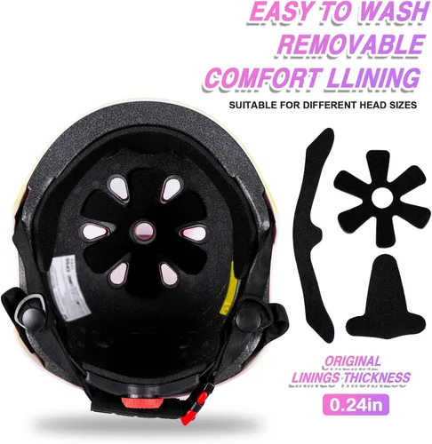 Vista 7 de Casco de bicicleta para niños de Banzk, para edades 3-5-8-14+, para niñas y niños, casco con rodilleras, coderas y muñequeras, ventilación